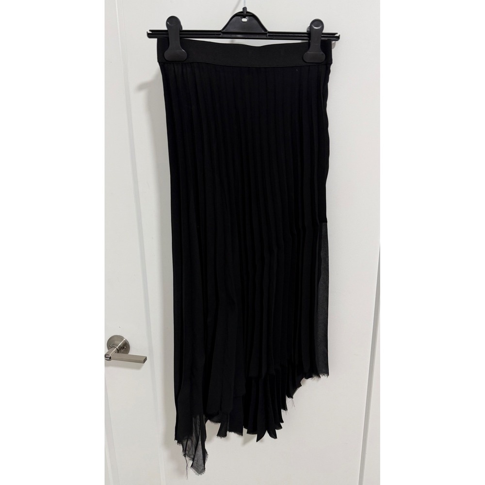 Zara Woman Black Pleated Asymmetrical Hem Midi Skirt Elastic Waist XS